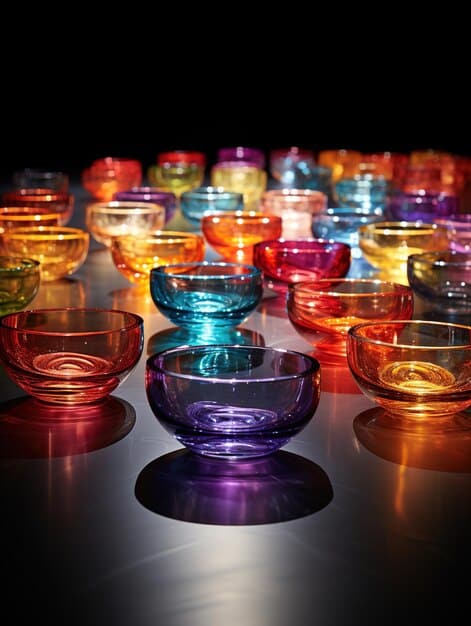 A close-up image of a set of crystal singing bowls, arranged in a visually appealing manner, showcasing their varying sizes and colors, with subtle lighting highlighting their crystalline structure.