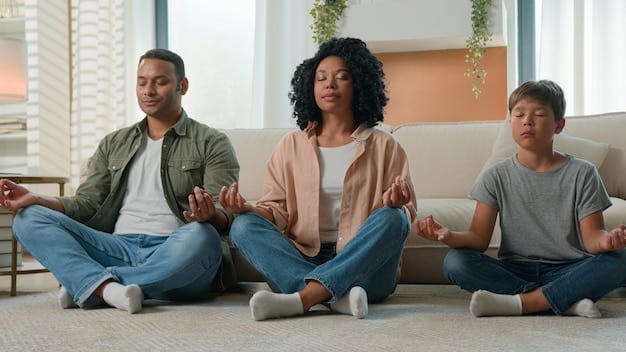 Three diverse individuals in a meditation class, seated comfortably on cushions, eyes closed, hands in prayer position. The room is bathed in soft, diffused light, with plants adding a touch of nature to the serene setting. The focus is on expressing the community and supportive environment of a group meditation practice, particularly in learning and experiencing mantra meditation.