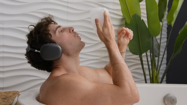 A person participating in a sound bath, lying on a mat with eyes closed, a peaceful expression on their face, bathed in soft, warm light with a gentle glow emanating from the singing bowls nearby.