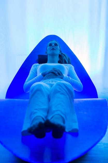 An individual sitting in a meditative pose, bathed in soft, blue light emanating from a nearby lamp. The room is decorated with calming elements like plants and a flowing water feature, enhancing the serene atmosphere.