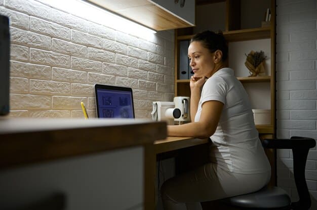 A well-lit home office setup with an adjustable lamp, with the computer screen positioned away from the window to minimize glare, illustrating proper lighting conditions.